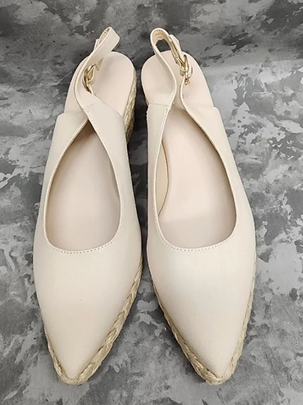 New Juliet Holy Wedge Slingback Espadrilles - Almond Toe - Cream - Size 7